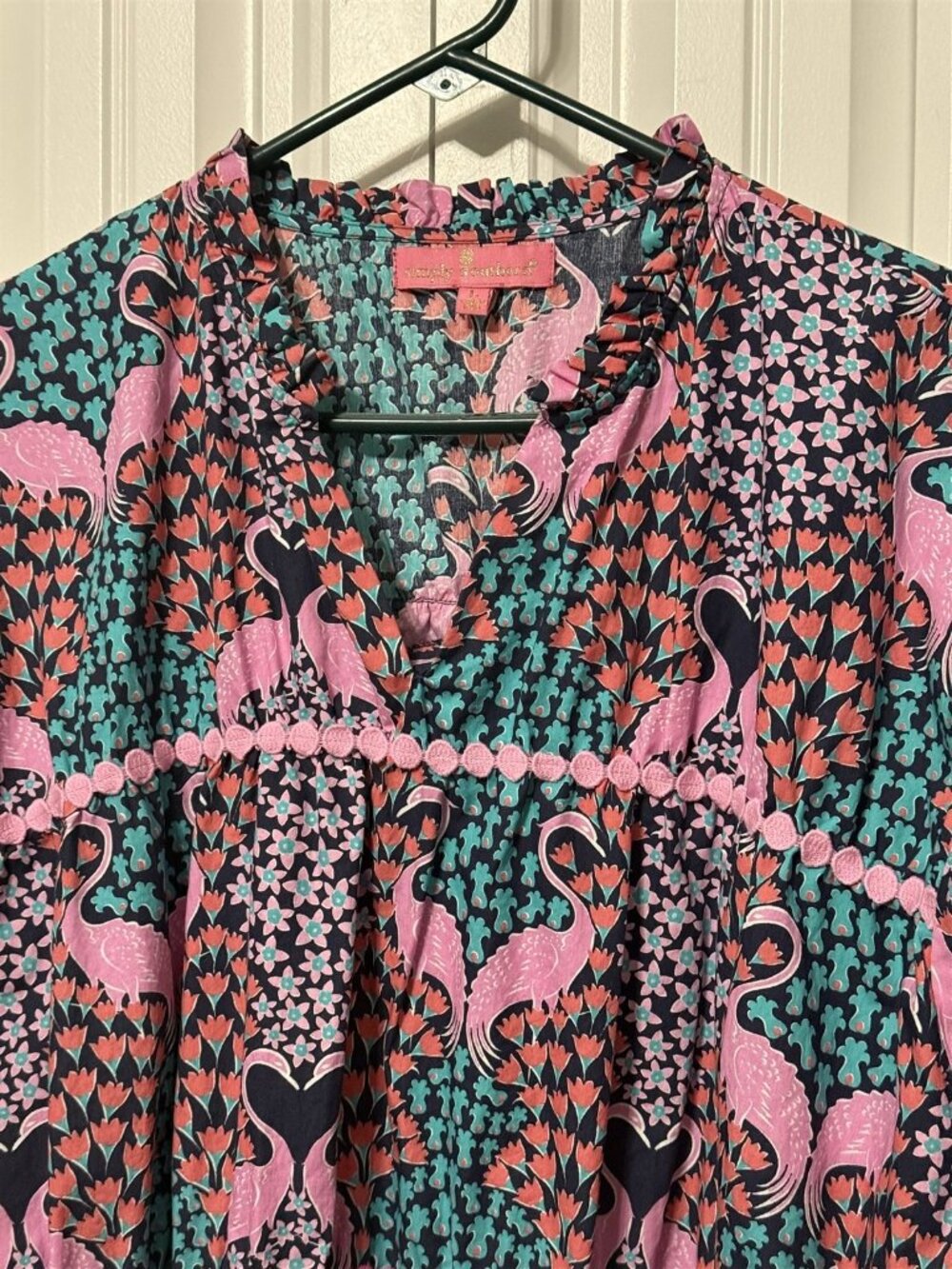Simply Southern Blouse Pink Flamingo Ruffle Ric Rac Womens Large Flowy Tropical - Picture 2 of 10